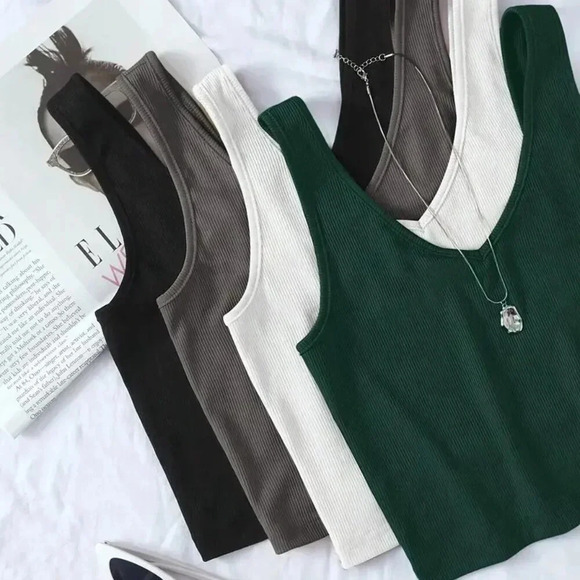 4pcs V-neck Ribbed Crop Tops (Color: Mixed Color) - Picture 4 of 5